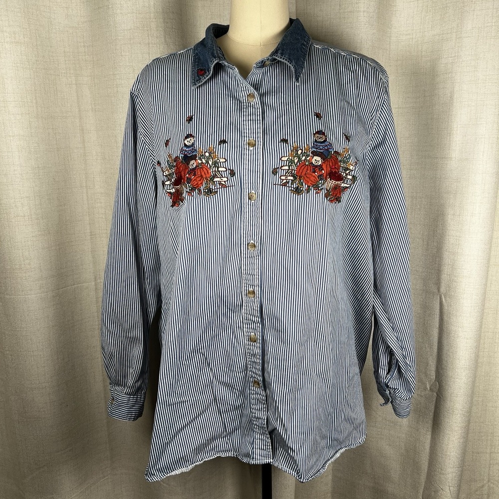 Vintage Just My Size Denim Women's 26/28W Striped Embroidered‎ Fall Shirt Bears